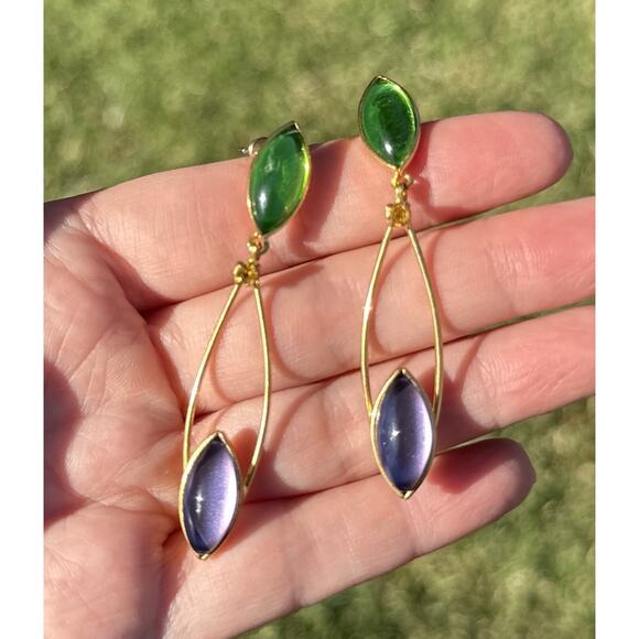 Gold Tone Dangle Earrings with Green & Purple Marquise Cabochons 2” - Picture 3 of 5